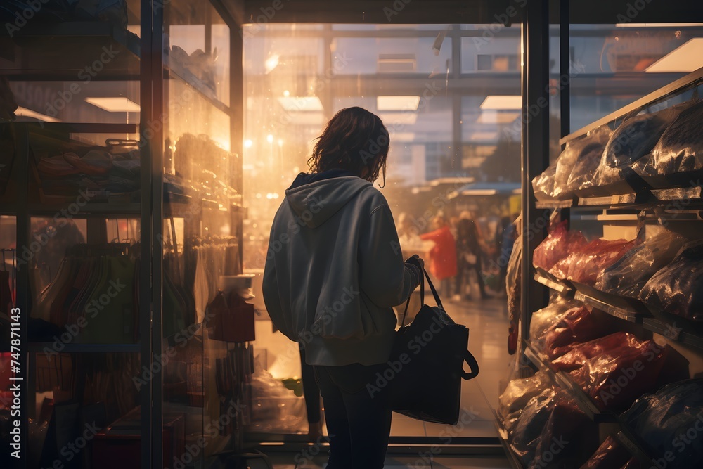 An intimate scene of a woman lost in thought while shopping inside a warmly lit store as evening sets in