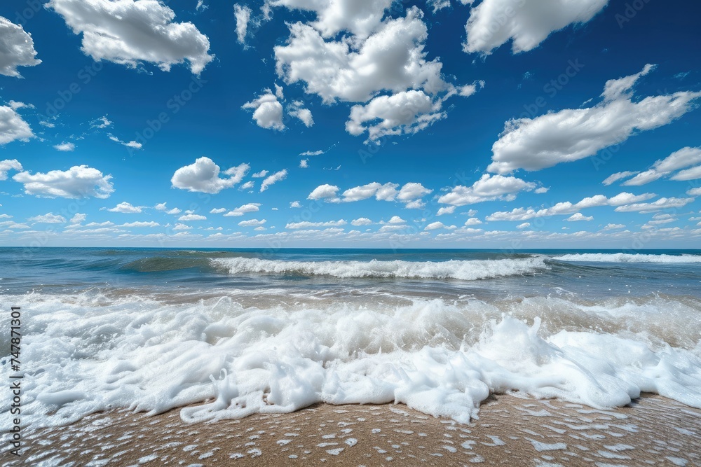 A photo capturing the expansive view of the Pacific Ocean from the sandy beach, showcasing the crashing waves and the vastness of the ocean, Waves under the blue sky and white clouds, AI Generated A photo capturing the expansive view of the Pacific Ocean from the sandy beach, showcasing the crashing waves and the vastness of the ocean, Waves under the blue sky and white clouds, AI Generated