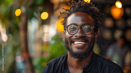 Portrait of an African American man with dreadlocks and eyeglasses, smiling in a warm ambiance