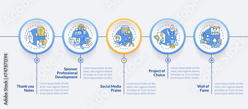 Employee acknowledgement blue circle infographic template. Data visualization with 5 steps. Editable timeline info chart. Workflow layout with line icons. Lato-Bold, Regular fonts used