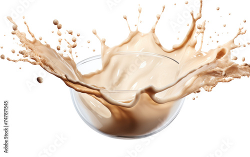Glass of Milk Splashing Liquid. A glass filled with white milk, with liquid splashing out of it. The action frozen in time captures the dynamic movement of the liquid as it spills from the glass.
