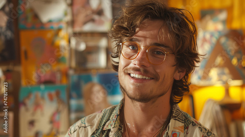 Portrait of a man with curly hair and unique glasses, exhibiting a joyful demeanor