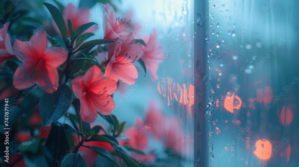 A serene capture of raindrops on a window with a blurry background of vibrant red flowers during a calming rain shower