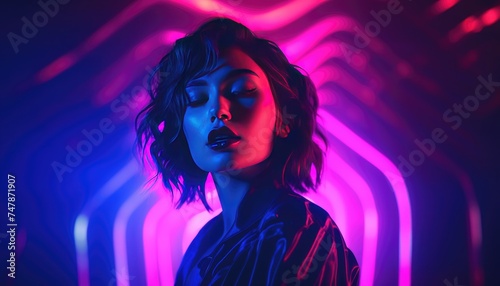 caucasian female singer portrait isolated on neon
