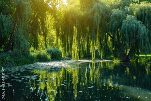 The sun shines through a dense forest  casting a mesmerizing glow on the water below  Whimsical willows lining a tranquil pond  AI Generated