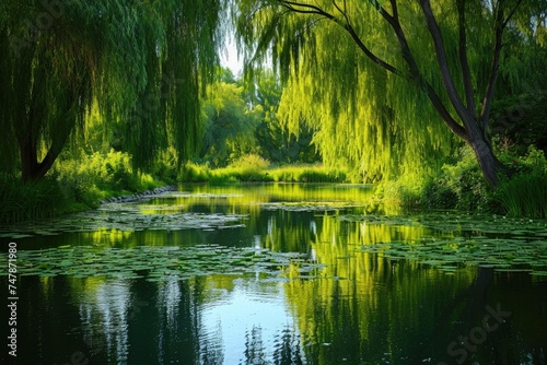 A body of water with water lilies floating on its surface and trees along its shores in a calm and peaceful setting, Whimsical willows lining a tranquil pond, AI Generated