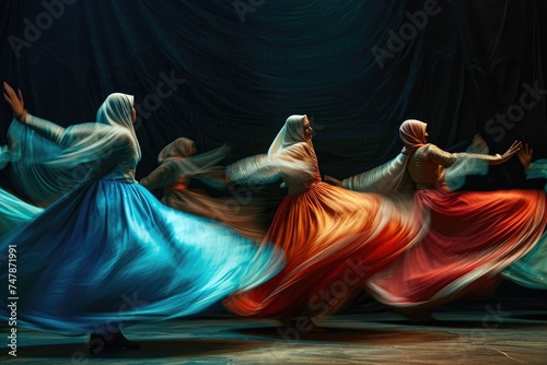 A lively gathering of women in vibrant dresses dancing energetically at a cultural event, Whirling Sufi dancers spreading mysticism, AI Generated