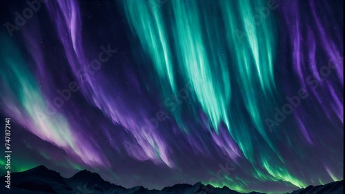 In a dazzling display of cosmic artistry, the Aurora Borealis swirls across the night sky, painting it with vibrant hues of green, purple, and blue.