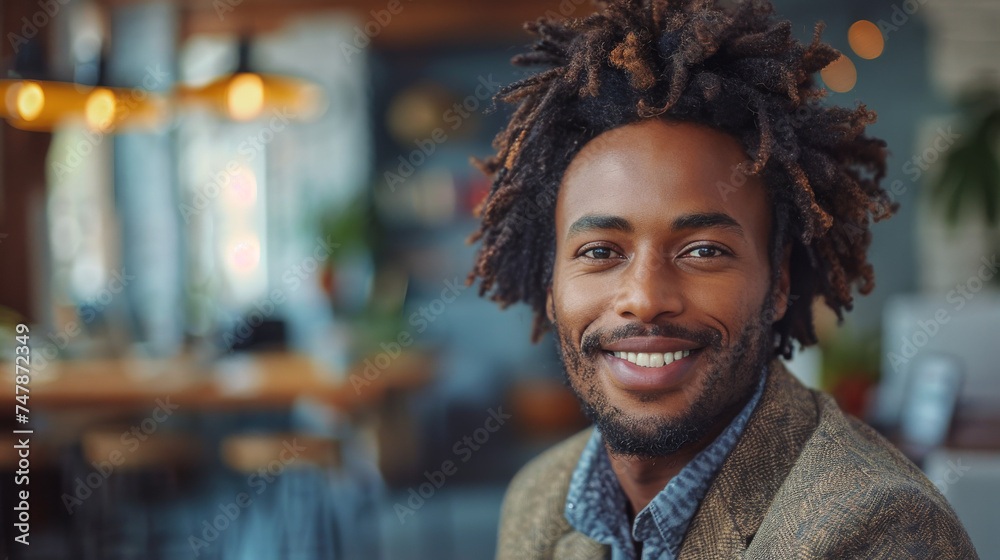 Smiling man with dreadlocks dressed stylishly in a tweed jacket sitting comfortably in an urban cafe Smiling man with dreadlocks dressed stylishly in a tweed jacket sitting comfortably in an urban cafe