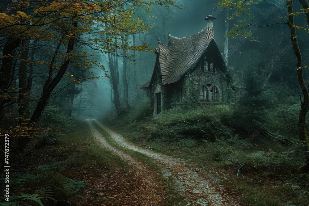 A small wooden cottage stands amongst towering trees in the heart of a ...