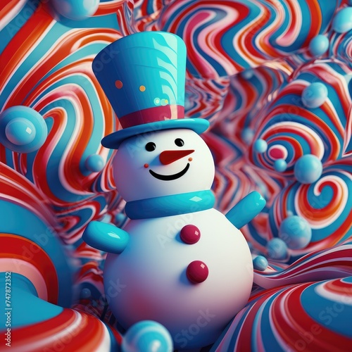 Bright magical Christmas snowman in a hat on an abstract color background.