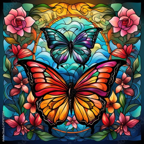 Colorful stained glass window with butterflies and flowers.