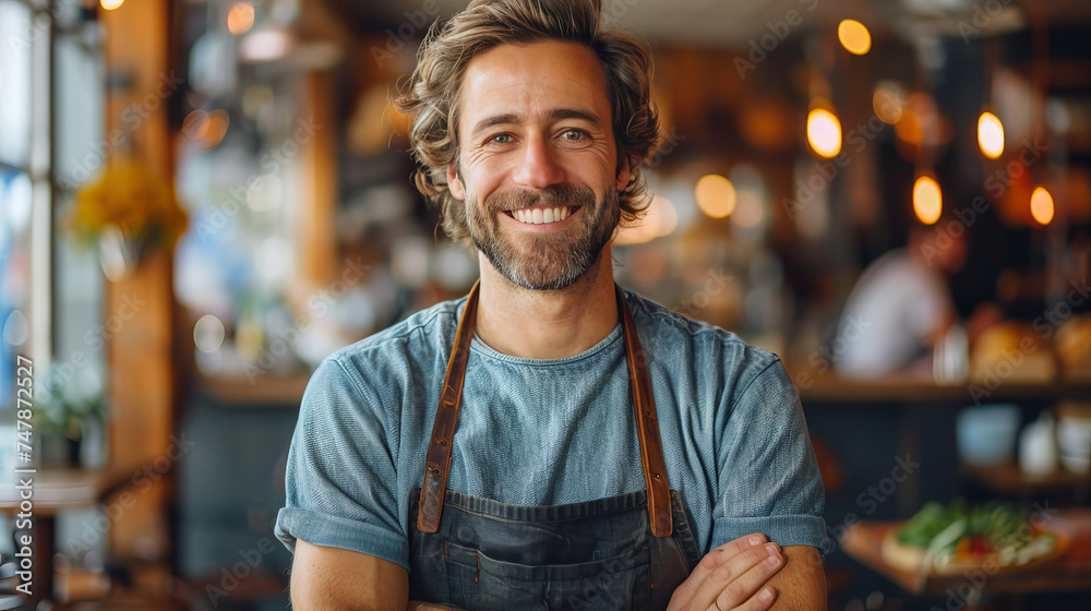 A cheerful male chef with arms crossed stands confidently in a well-equipped restaurant kitchen A cheerful male chef with arms crossed stands confidently in a well-equipped restaurant kitchen