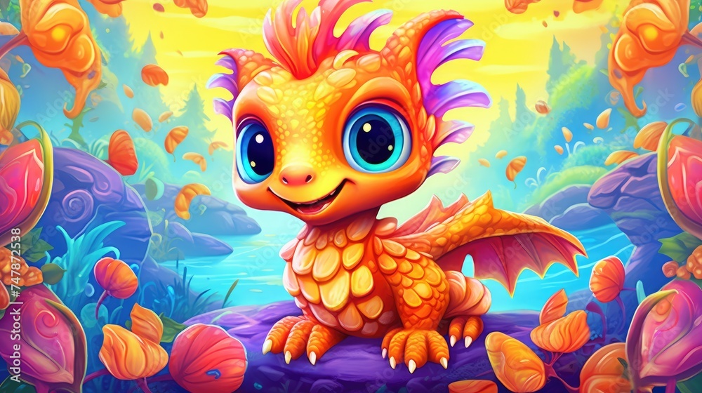 Cartoon cute friendly dragon against the backdrop of a beautiful bright landscape.