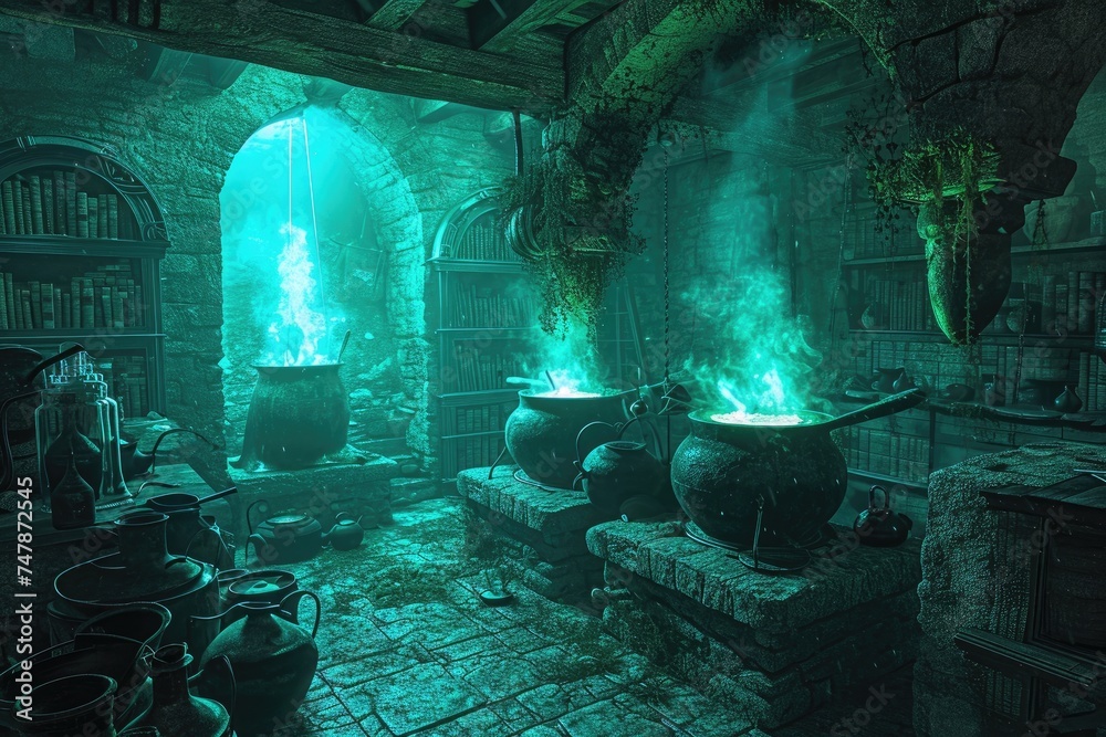 A room filled with an abundance of pots, each brimming with vibrant green liquid, Witch's lair with Bubbling cauldrons and creepy spell ingredients, AI Generated