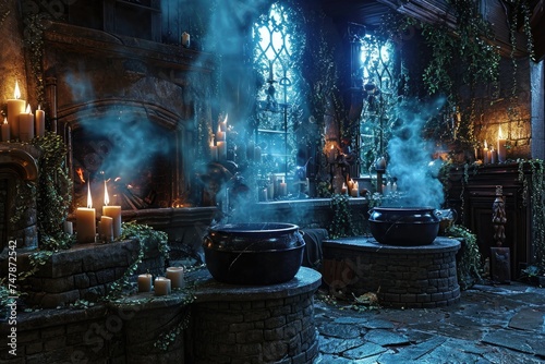A room adorned with a multitude of potted plants and flickering candles, creating a vibrant and botanical atmosphere, Witch's lair with Bubbling cauldrons and creepy spell ingredients, AI Generated