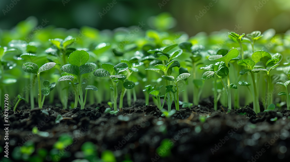 fresh green young sprouts of microgreens on soil fresh green young sprouts of microgreens on soil