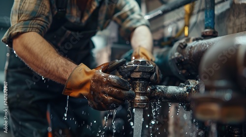 A Male Worker Repairs Water Pipes In The Basement photo