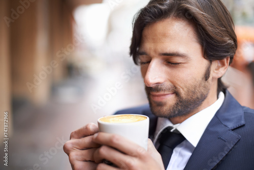 Cafe, man and worker for business, dreaming and relax when outdoor on break in winter for warmth. Professional male person, cappuccino and suit for latte, thinking and coffee shop for relaxing