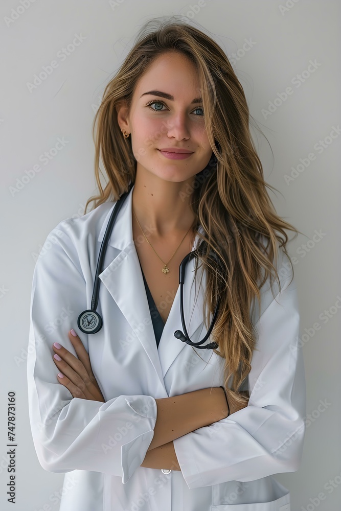 Confident Female Doctor Poses with Crossed Arms on White Background. Concept Portrait Photography, Professional Poses, Confident Female Doctor, White Background Confident Female Doctor Poses with Crossed Arms on White Background. Concept Portrait Photography, Professional Poses, Confident Female Doctor, White Background