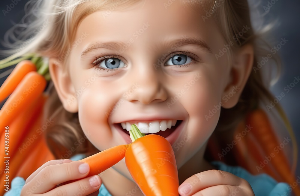 a child with healthy strong white teeth gnaws a carrot. healthy lifestyle concept a child with healthy strong white teeth gnaws a carrot. healthy lifestyle concept