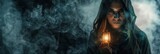 Beautiful Woman shrouded in Ethereal Fog holding Glowing Lantern that Guides Spirits to Afterlife - Raw Sensual Emotional Dark Mystical Fantasy Girl Background created with Generative AI Technology