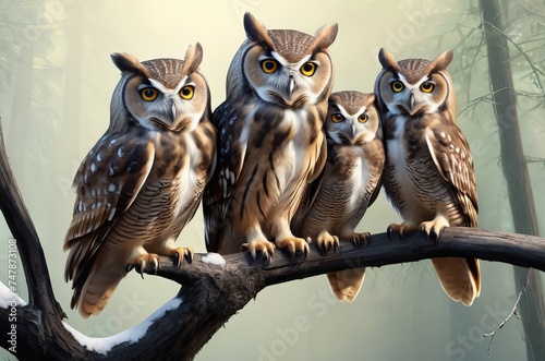 Owl flock sitting on branch