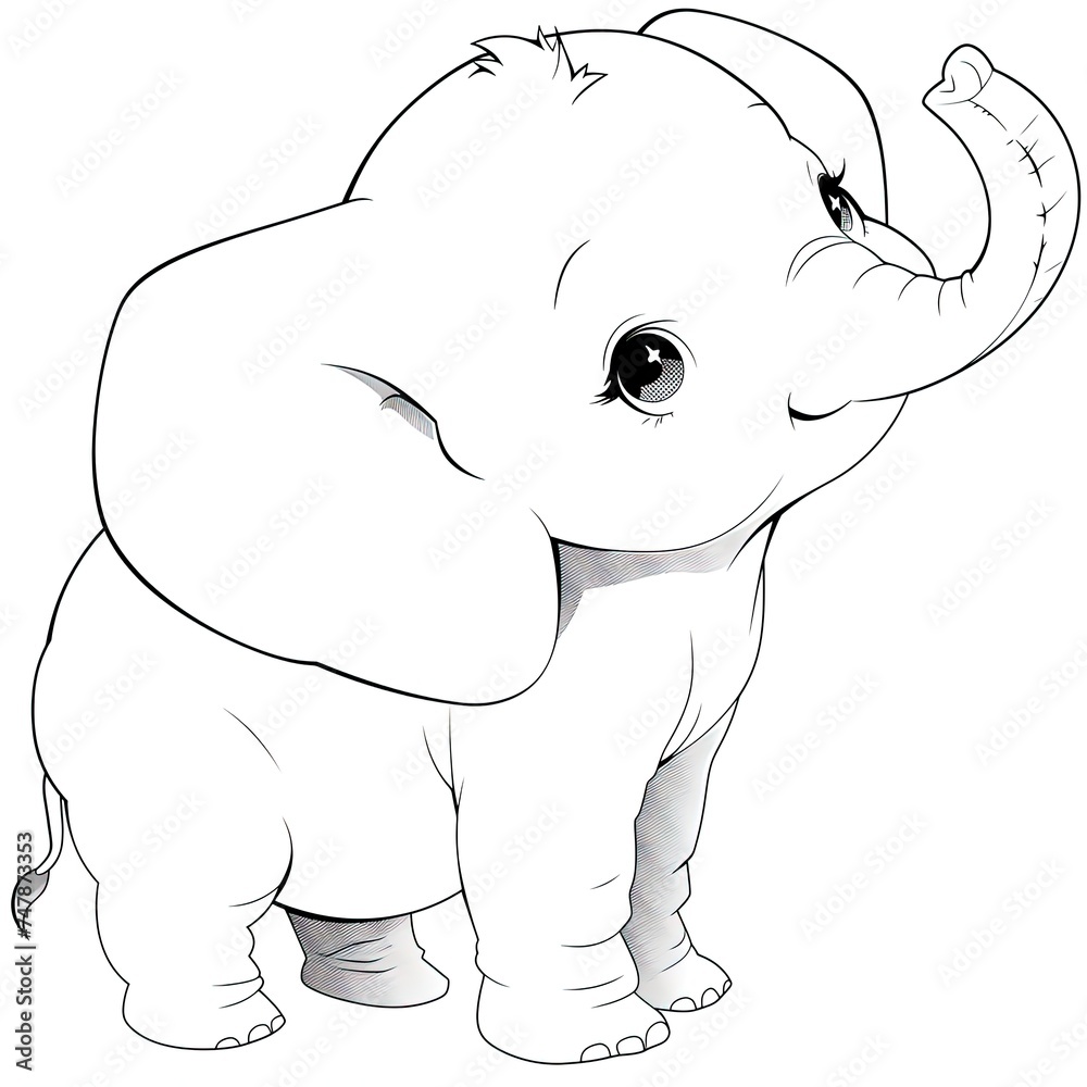 Fototapeta premium Cartoon cute baby elephant. Kids coloring Book, black and white Illustration