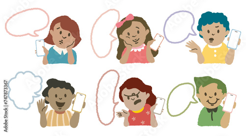 Hand drawn set of black young people avatars of characters with chat bubble. Vector profile for social media speech box. Black kids hold smart phone avatar collection. Confuse, angry, happy black kids