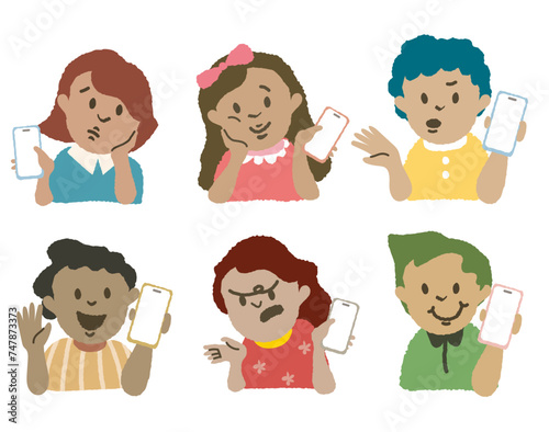 Hand drawn set of black young people avatars of characters. Vector African profile for social media. Black kids hold smart phone avatar collection. Confuse,angry, happy black man woman phone complaint