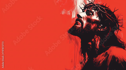 Painting of a man wearing a crown of thorns on a red background with copy space, symbolizing crucifixion of Jesus Christ in Christian faith. Man's facial expression conveys suffering and sacrifice