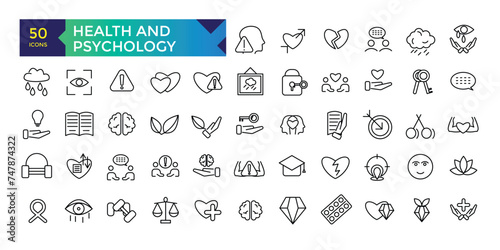 Health and Psychology line icons related to wellness, wellbeing, mental health, healthcare, medical. Outline icon collection.