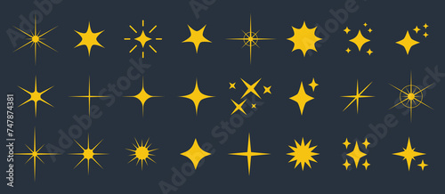 Set sparkle stars line art icon. Vector four-pointed star for logo, social media stories.Yellow, gold, orange sparkles symbols vector