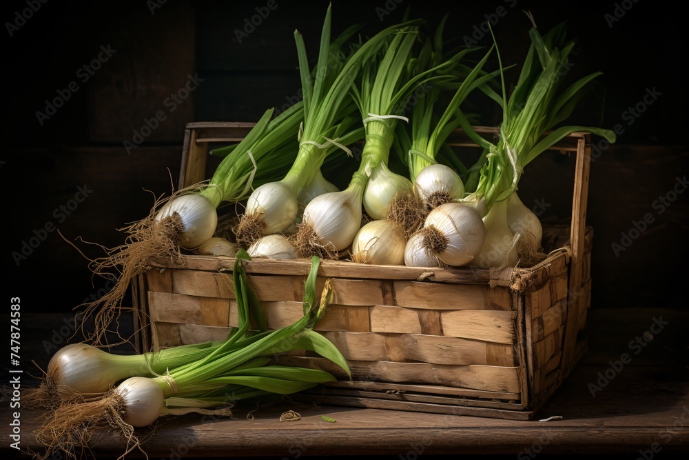 a basket of onions with stems - obrazy, fototapety, plakaty 