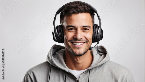 smiling man wearing hoodie, wearing headset on white background