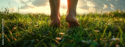 Closeup of female legs walking on green grass in the park. Barefoot walk in lush green grass, symbolizing connection with nature and grounding photo