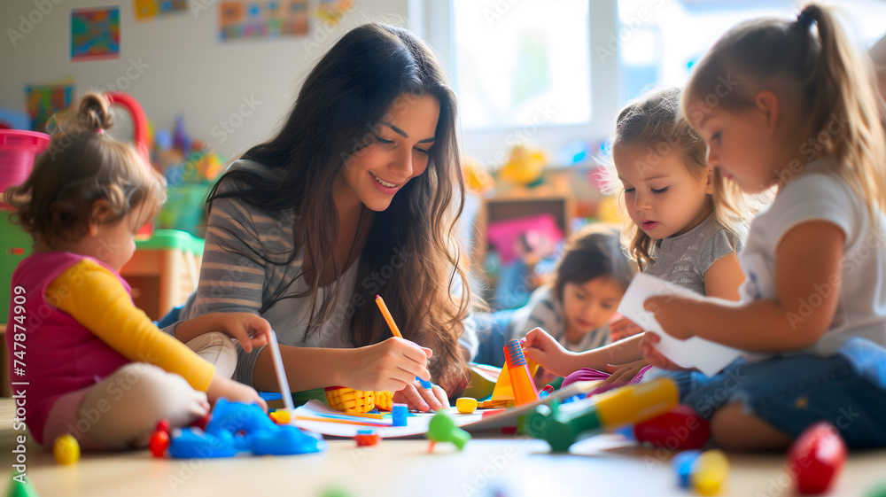 Fototapeta premium Beautiful teacher and group of toddlers sitting on the floor drawing using paper and pencil around lots of toys at kindergarten. Neural network generated image. Not based on any actual scene or