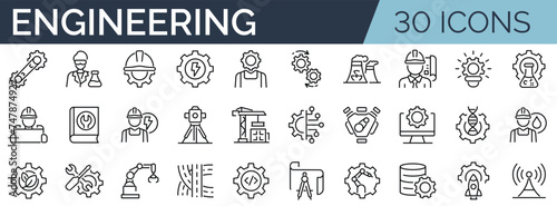 Set of 30 outline icons related to engineering.Linear icon collection. Editable stroke. Vector illustration