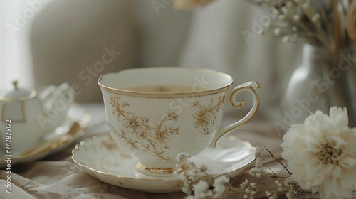 Vintage-inspired tea cup featuring delicate gold trim and floral pattern, reminiscent of a bygone era of elegance and grace. © Khan