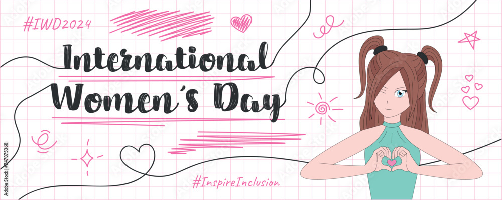 Banner template for International Women's Day 2024 with anime style girl showing heart sign. #InspireInclusion. #IWD2024. Vector design for poster, post, cover Banner template for International Women's Day 2024 with anime style girl showing heart sign. #InspireInclusion. #IWD2024. Vector design for poster, post, cover