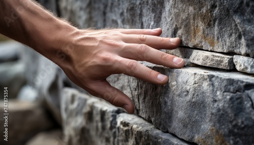 Close up of hand moving a part stone wall © Rehman