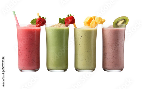 Row of Smoothies With Kiwis  Strawberries  and Kiwi. A lineup of vibrant smoothies placed next to each other  showcasing fresh kiwis and strawberries as toppings.