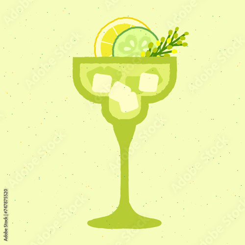 Green cocktail with lemon, cucumber. Margarita glass. Alcohol drink tequila for bar. Tonic drink. Stemware with gin tonic and soda. Non-alcoholic beverage. Flat vector illustration with texture