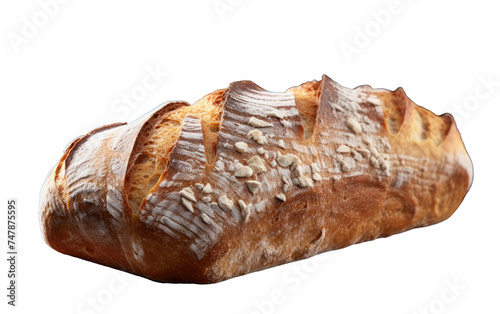 Loaf of Bread. A loaf of bread sits on a plain white background. The bread appears freshly baked, with a golden crust and visible air pockets.
