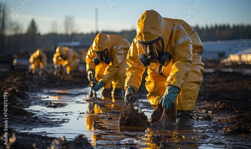 Group of People in Yellow Suits and Gas Masks