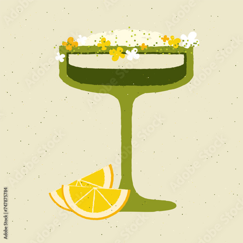 Green cocktail with lemon, cream and flowers. Milkshake. Margarita glass. Alcohol drink for bar. Stemware with green smoothie. Non-alcoholic beverage. Flat vector illustration with texture