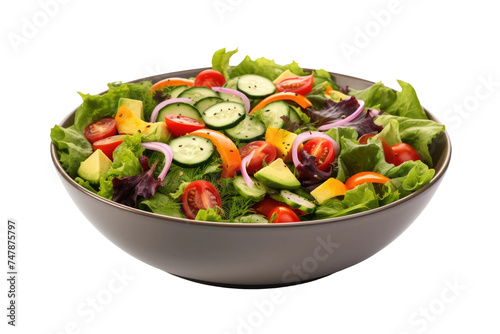 Fresh Salad With Cucumbers, Tomatoes, Red Onion, and Lettuce. A bowl filled with a colorful salad featuring crunchy cucumbers, juicy tomatoes, sharp red onion, and crisp lettuce leaves.