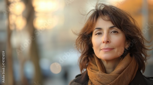 Portrait of a handsome woman in her late fourties against outdoor background photo