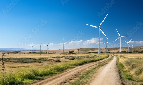 Dirt Road Leading Through Field With Windmills © uhdenis