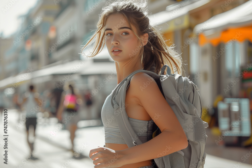 Close up Girl dressed in a grey running kit with backpack, rucking, running through the city street. Healthy life style, weighted backpack walking, trendy sport outdoor
